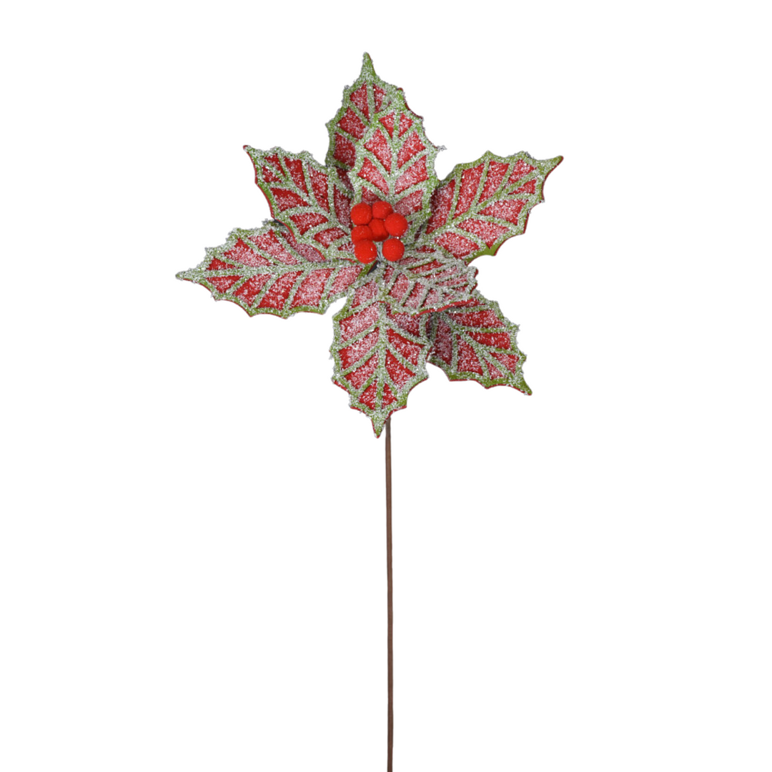 (2) Direct Export 22" Frosted Poinsettia Stem in Red and Green - set of 2