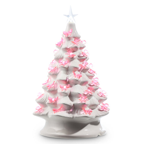 RAZ 13.5" with Timer Vintage White and Bow Lighted Tree