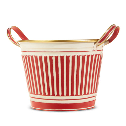 RAZ 12.75" Striped Galvanized Handled Bucket in Red and White and Gold Accents