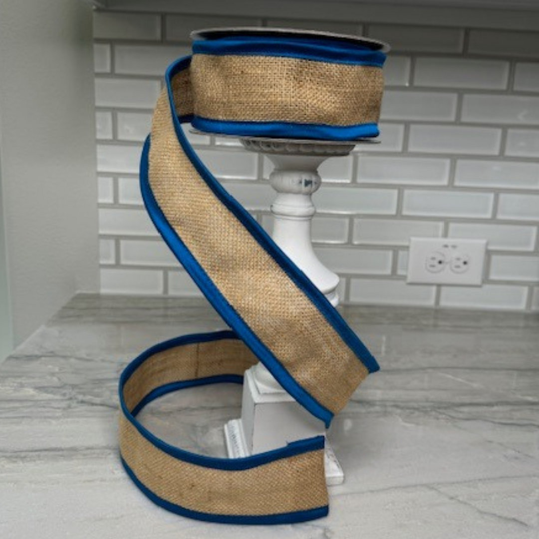 DC Exclusive - Farrisilk 2.5" X 10 Color Block Burlap Wired Ribbon with Turquoise Blue Edge