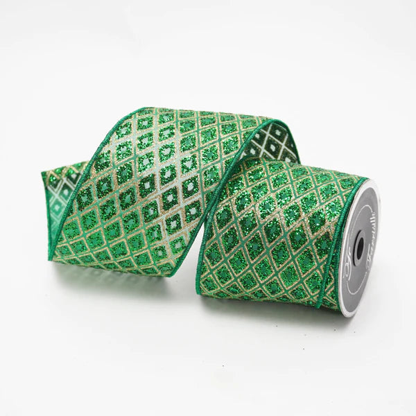 Farrisilk 4" x 10 YD Emerald Green Marquise Diamond Wired Ribbon