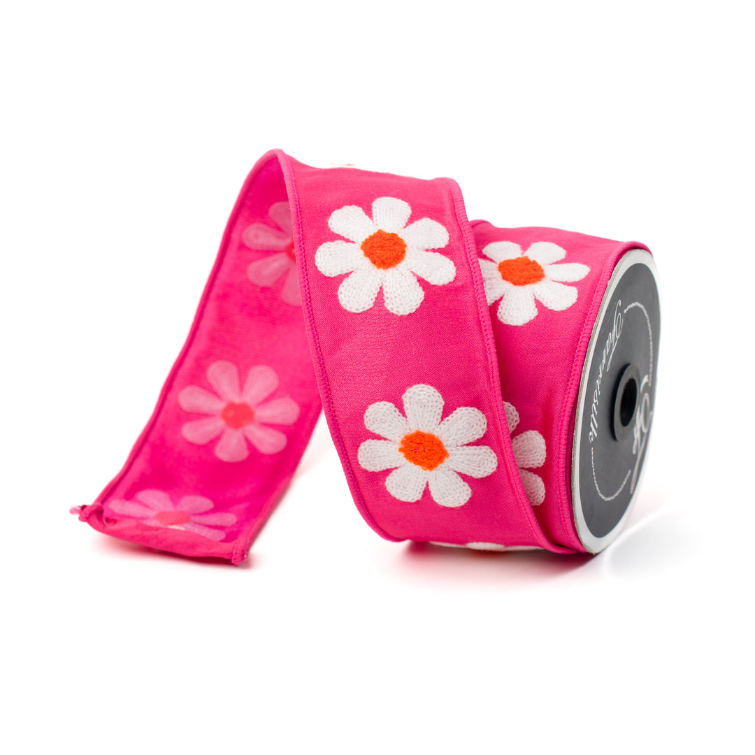 Farrisilk White Daisies on Hot Pink Wired Ribbon