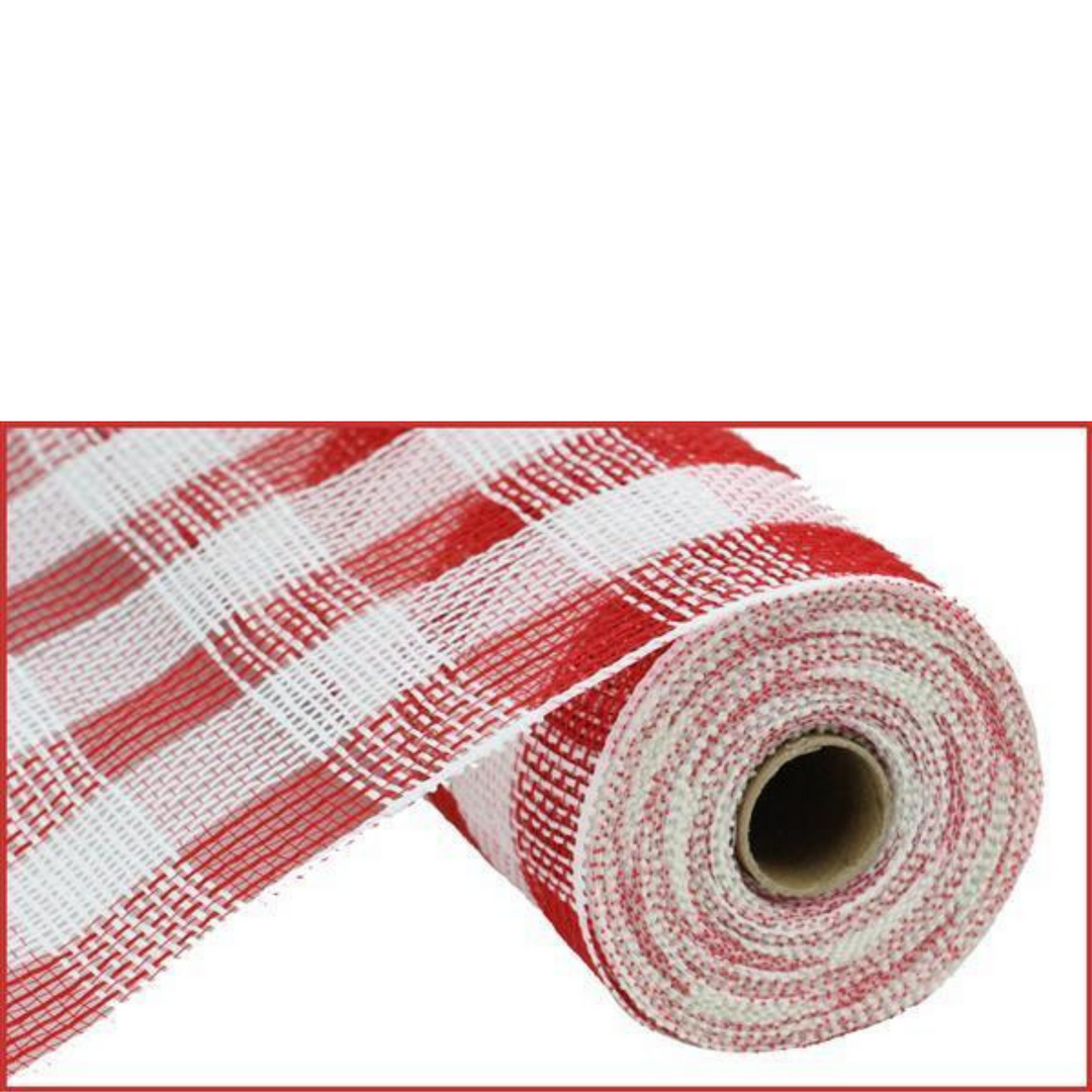 10.5" X 10YD COTTON/FAUX JUTE CHECK MESH in red/white