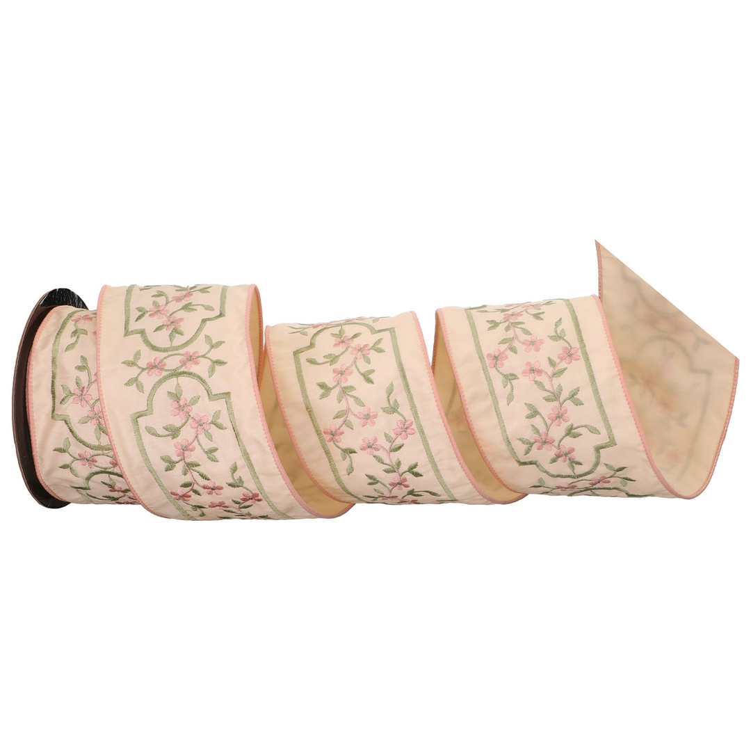 Regency 4" X 10 YD Embroidered Floral Vine Center Wired Ribbon in Blush/Green