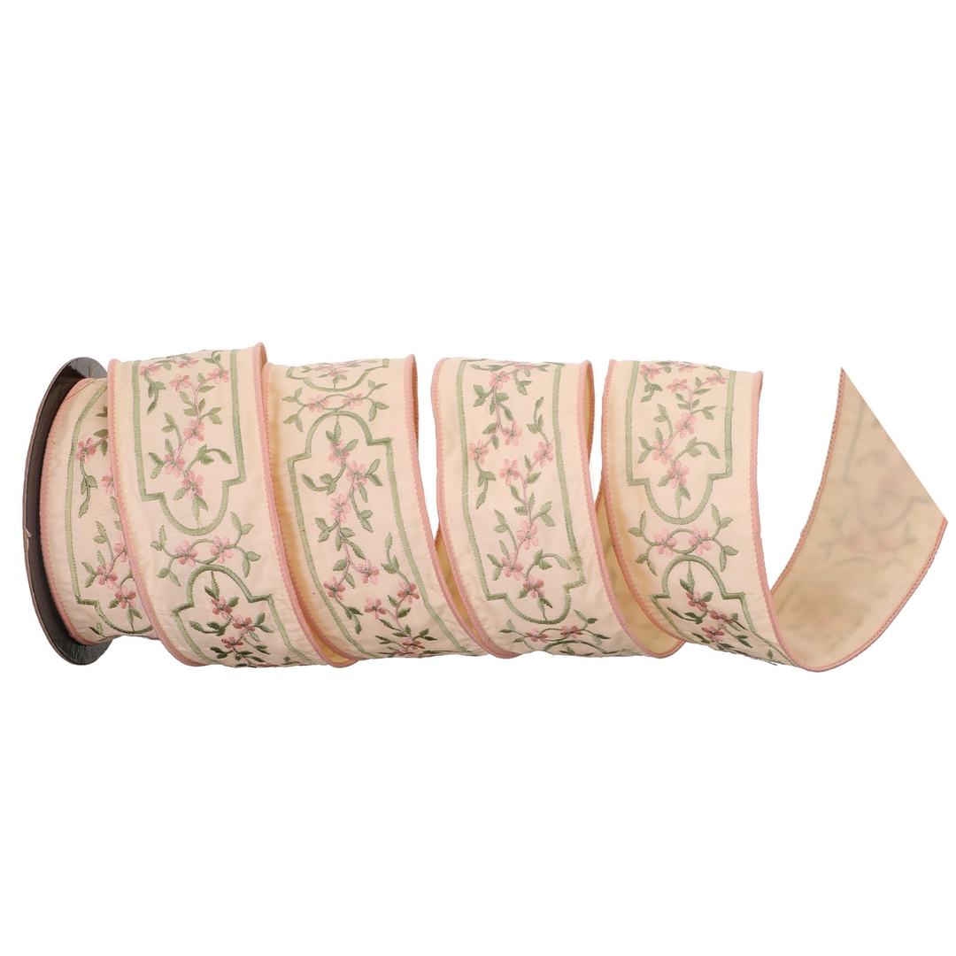 Regency 2.5"X 10 YD Embroidered Floral Vine Center Wired Ribbon in Blush/Green