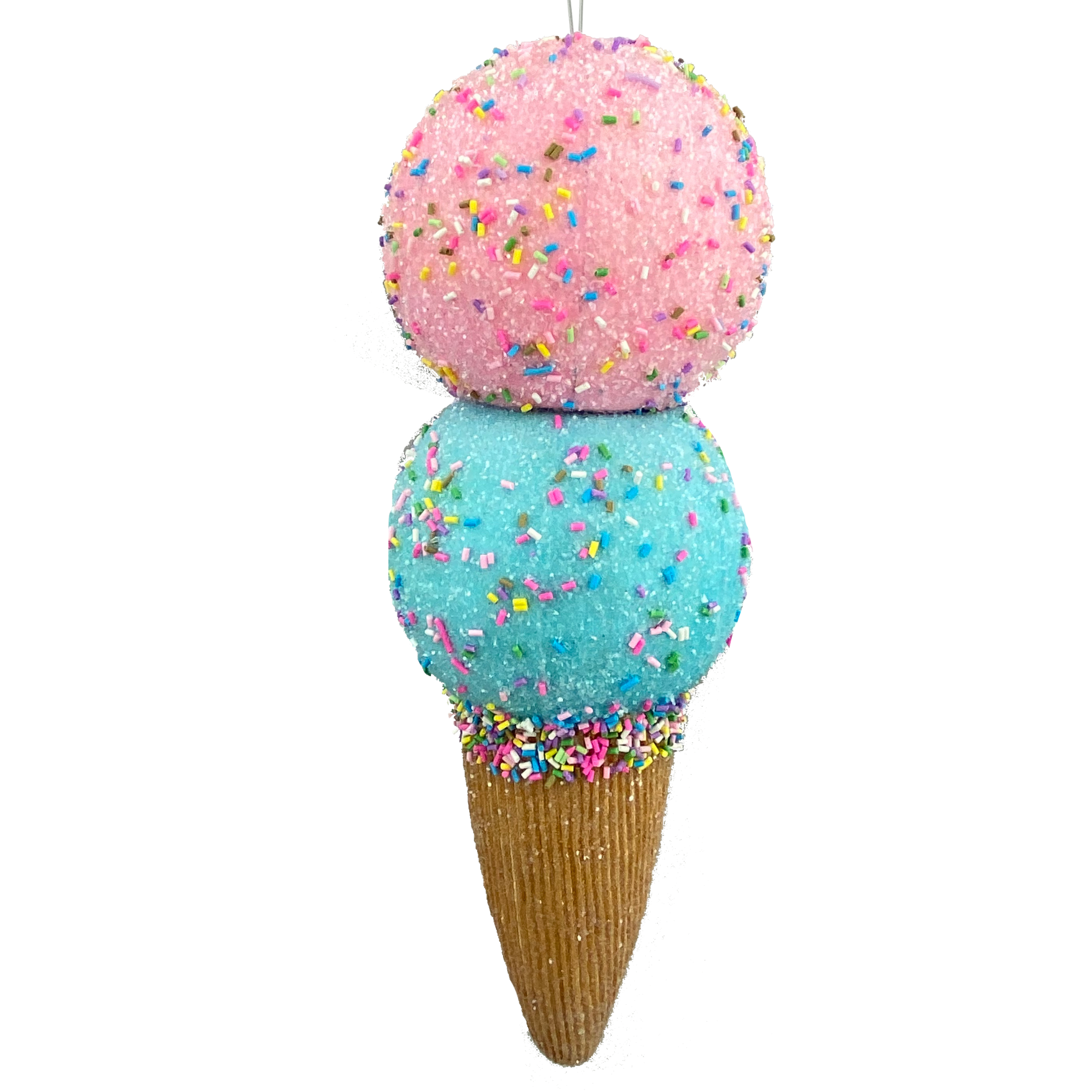 Delicious Pink Ice Cream with Sprinkles in a Waffle Cone on Blue