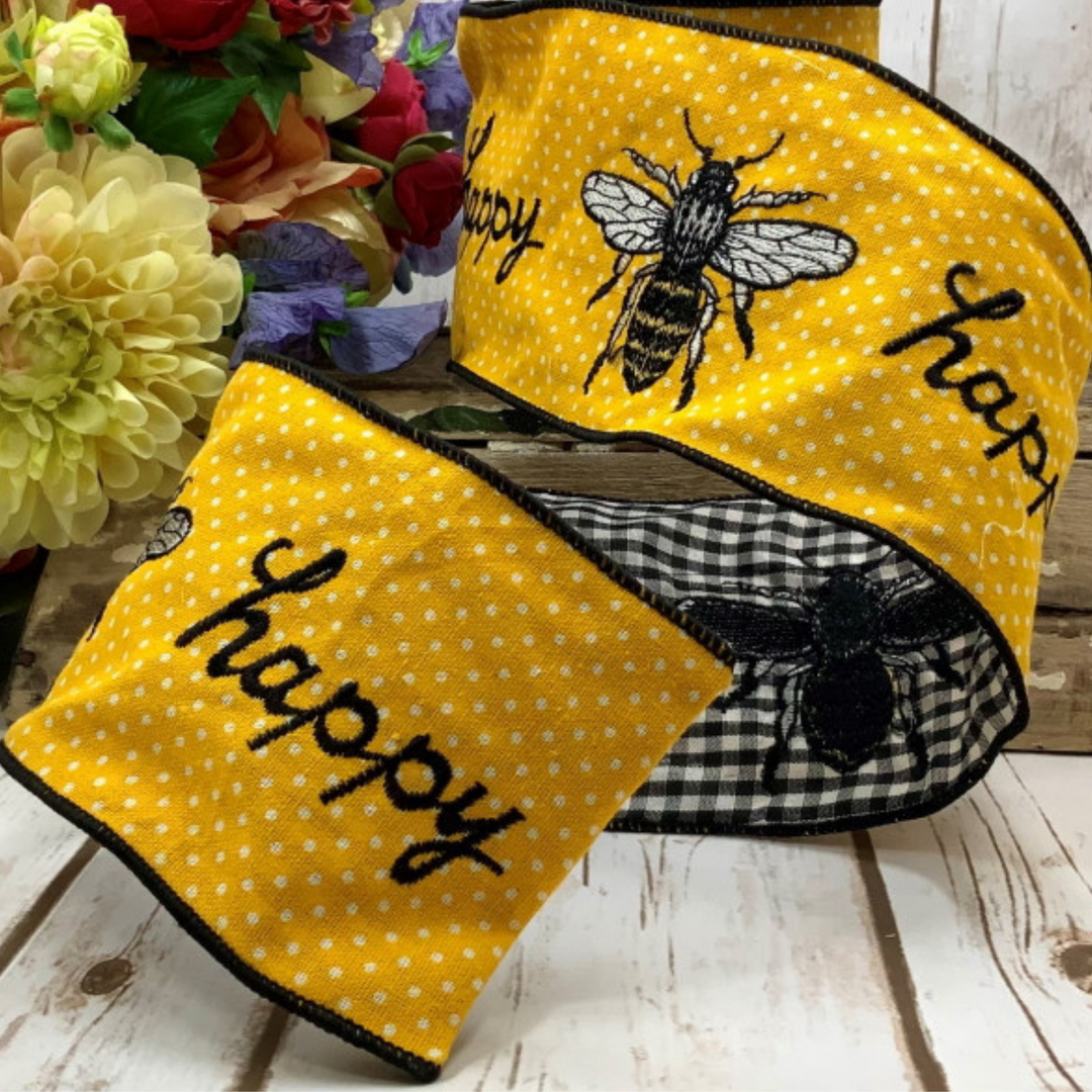 d. stevens 4" x 5 YD Polka Dot Embroidery Bee Happy Wired Ribbon in Yellow/Black/White