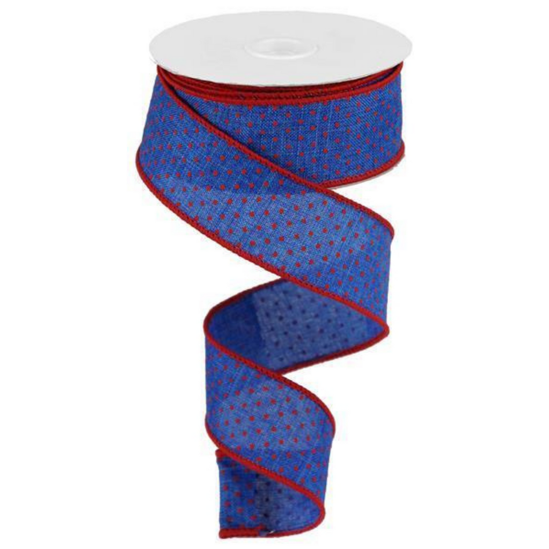 1.5" X 10YD SWISS DOTS ON BURLAP Wired Ribbon - Blue/Red