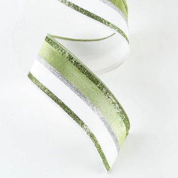 DTHY 2.5" x 5 YARDS Green/White Metallic Stripe Wired Ribbon