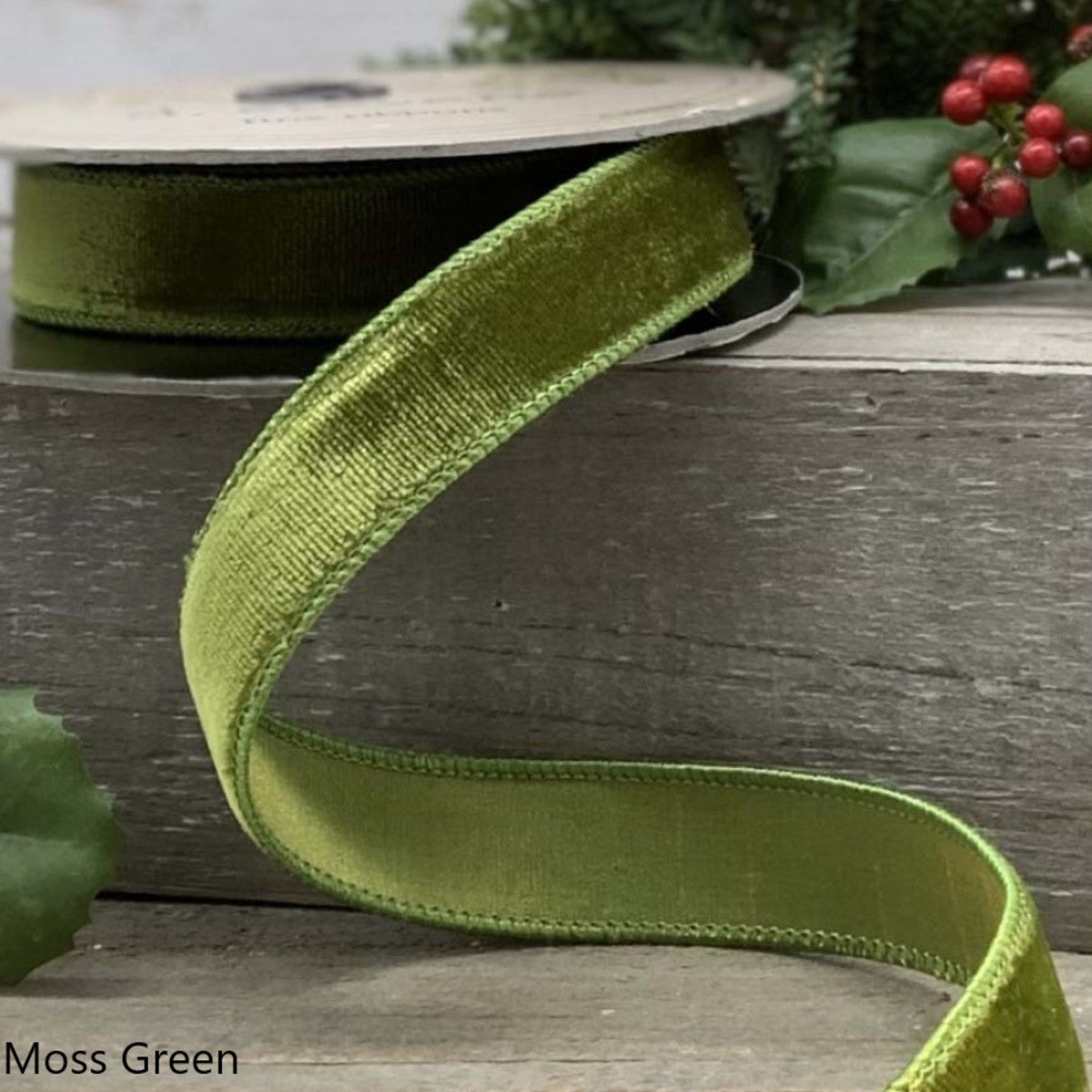 D. Stevens 1 x 10 yd Moss Green Lush Velvet Wired Ribbon with Moss Green Dupion Back