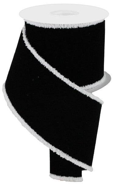 4" x 10 YD Black Velvet with White Drift Edge Wired Ribbon