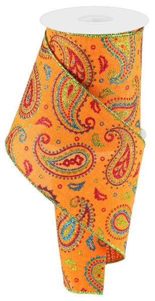 4" x 10 YD Paisley on Royal Wired Ribbon in Orange/Lime Green/Hot Pink/Turquoise