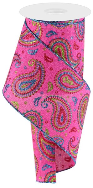4" x 10 YD Paisley on Royal Wired Ribbon in Pink/Lime Green/Hot Pink/Turquoise