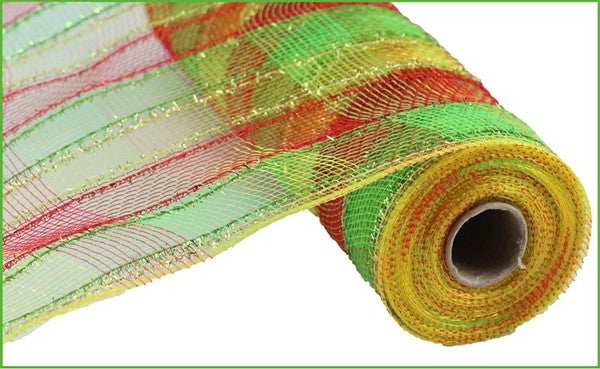 10.25" X 10 YD Tinsel/PP Check Mesh in Red/Lime/Gold