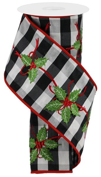 4"X 5 YD  Holly/Bow On Taffeta Check In Black/White/Green/Red