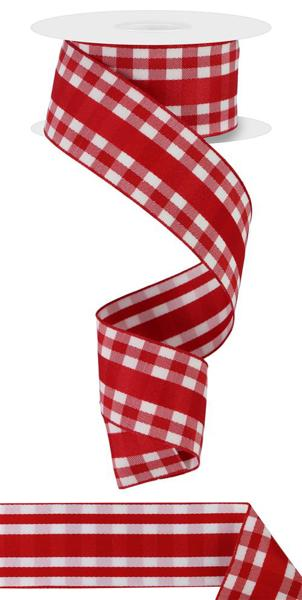red and white diagonal check and stripe 1.5" ribbon