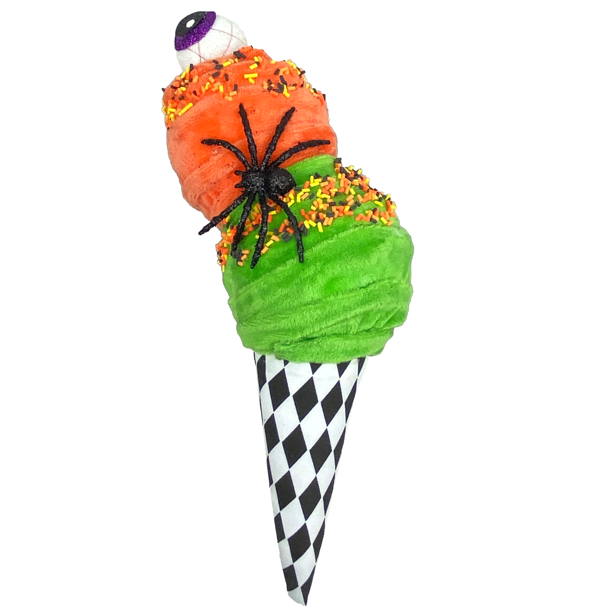 orange and green ice cream cone with eyeball and spider