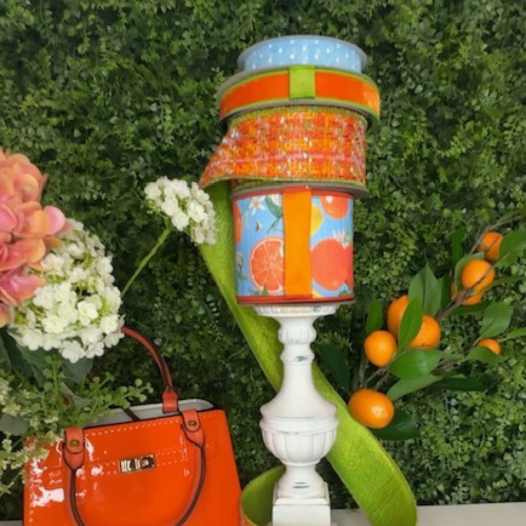 Citrus Orange Wired Ribbons with Orange spray and Orange purse vase
