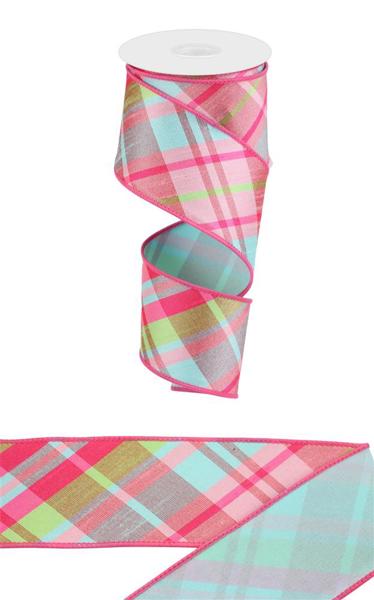 2.5" Pink blue and green plaid with blue back wired ribbon