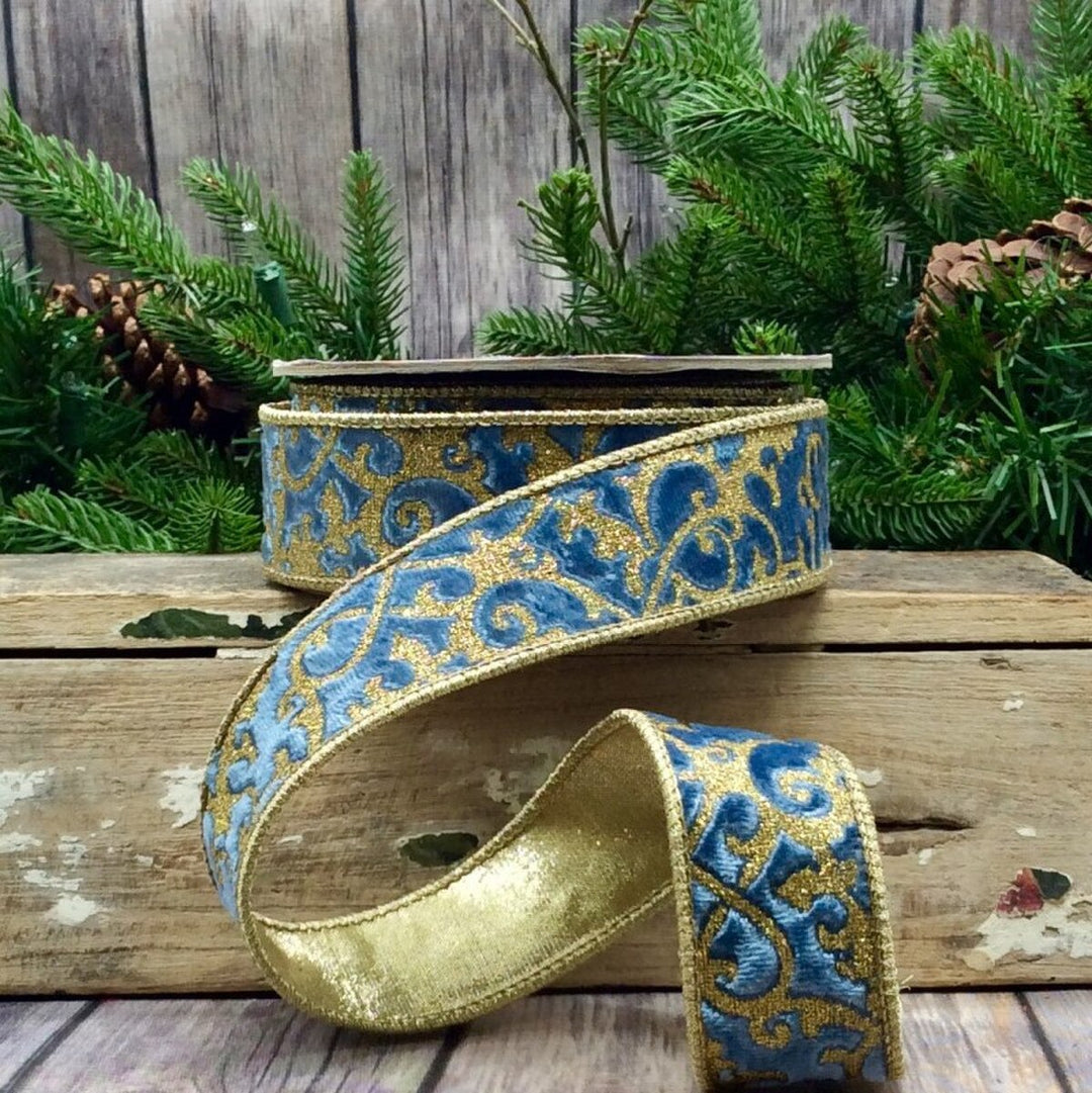 D. Stevens dusty blue velvet wired ribbon featuring a gold glitter treillage pattern and gold backing, designer ribbon for luxury bows, wreaths, Christmas decorating, floral arrangements, gift wrapping, and elegant home décor.