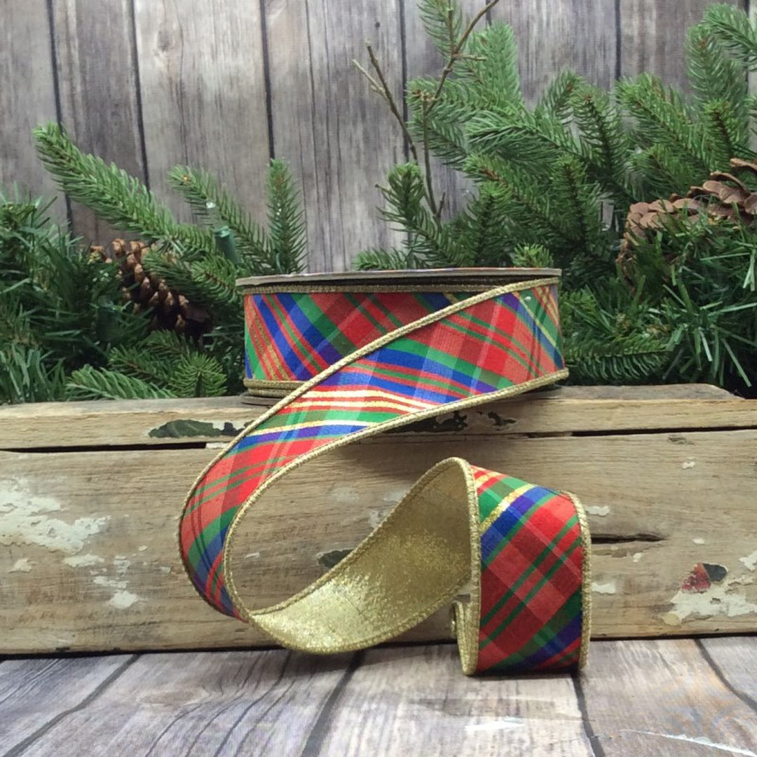 d. stevens  1.5" x 10 YD Dupion Diagonal Yuletide Paid in Red, Green and Blue Wired Ribbon