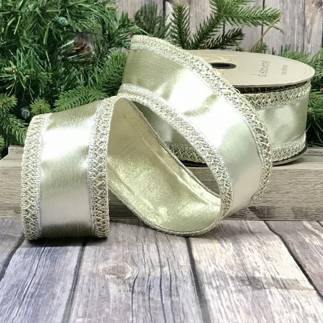 D. Stevens platinum metallic jacquard wired ribbon with decorative braided edge trim, designer ribbon for luxury bows, wreaths, Fall décor, Christmas tree decorating, floral arrangements, garlands, and elegant gift wrapping.