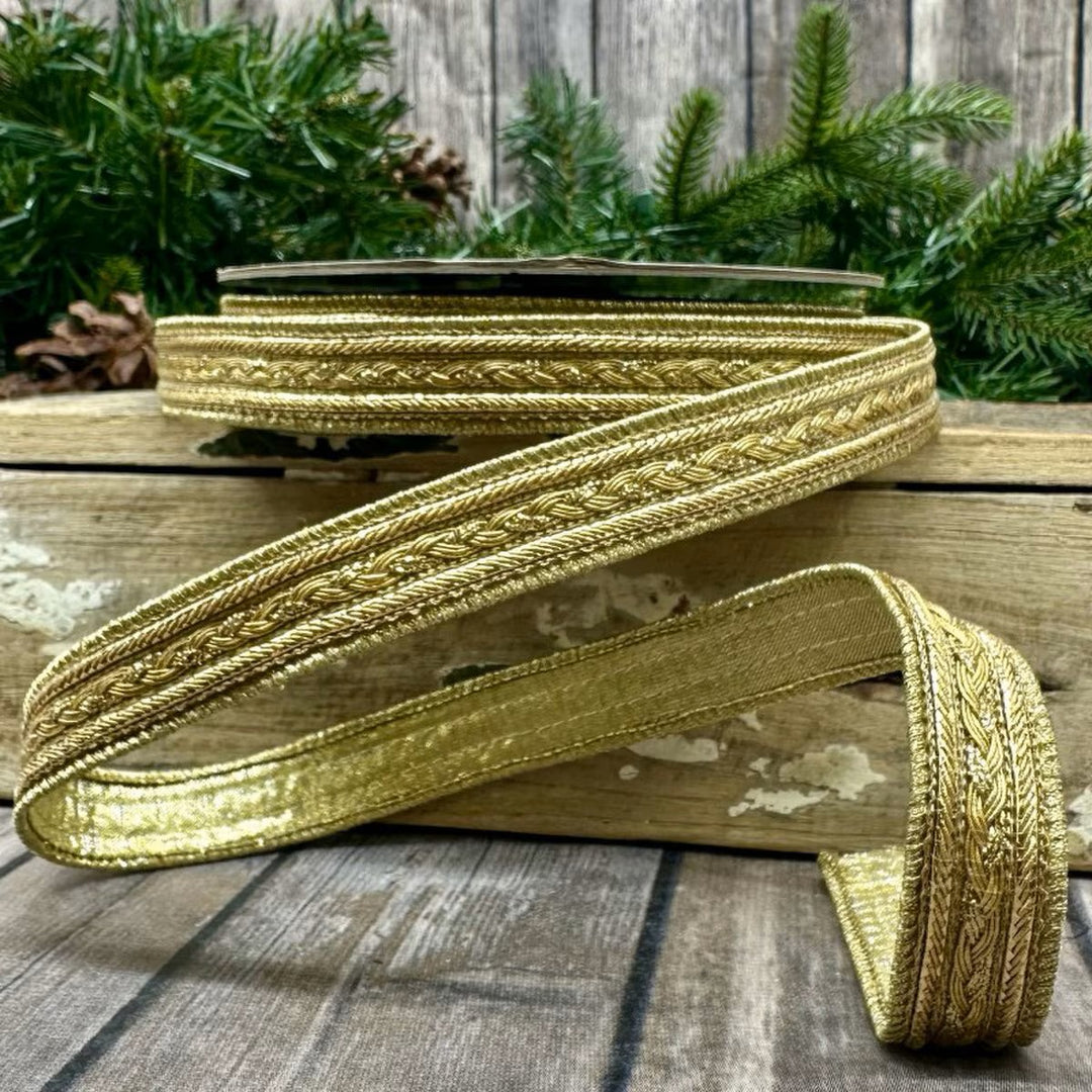 D. Stevens gold metallic braided trim wired ribbon, 0.75-inch designer ribbon for layered bows, wreaths, Christmas decorating, floral arrangements, garlands, gift wrapping, and elegant home décor accents.