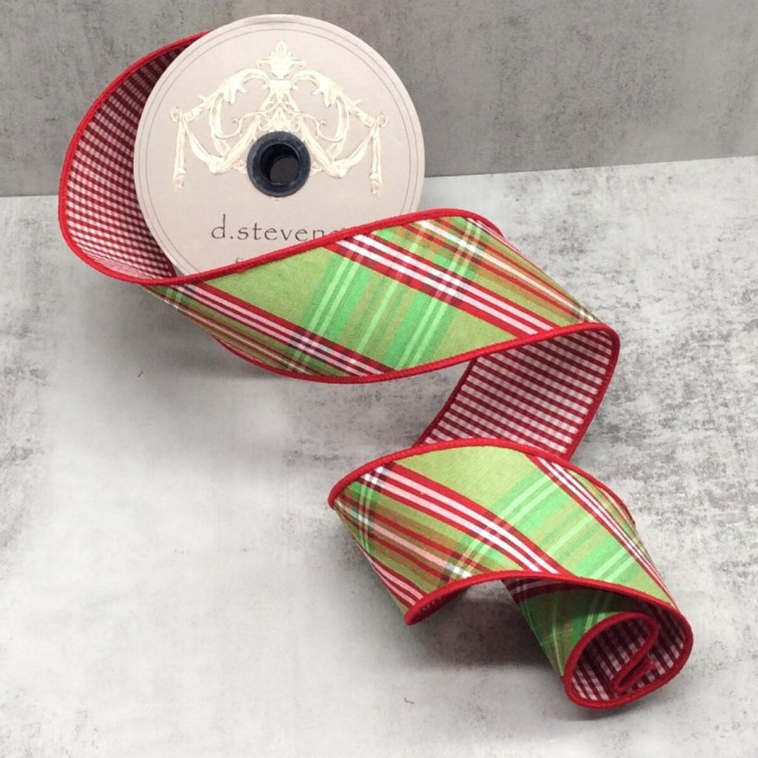D. Stevens red, pink, and green faux dupioni North Pole plaid wired ribbon with coordinating check back, designer ribbon for Christmas bows, wreaths, holiday decorating, floral arrangements, garlands, and festive gift wrapping.