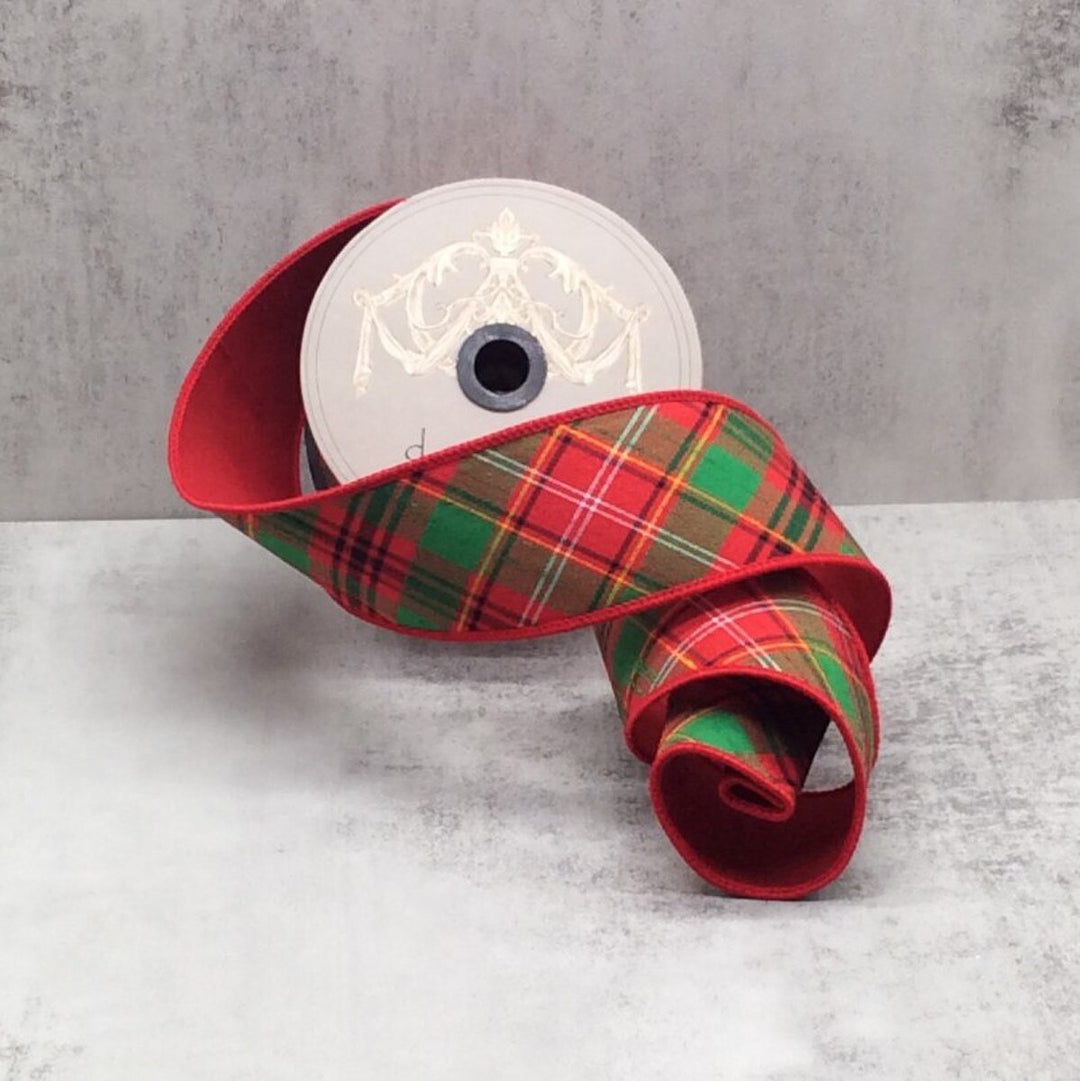 D. Stevens diagonal red and green Asher plaid faux dupioni wired ribbon with red backing, designer ribbon for Christmas bows, wreaths, garlands, holiday decorating, floral arrangements, and festive gift wrapping.