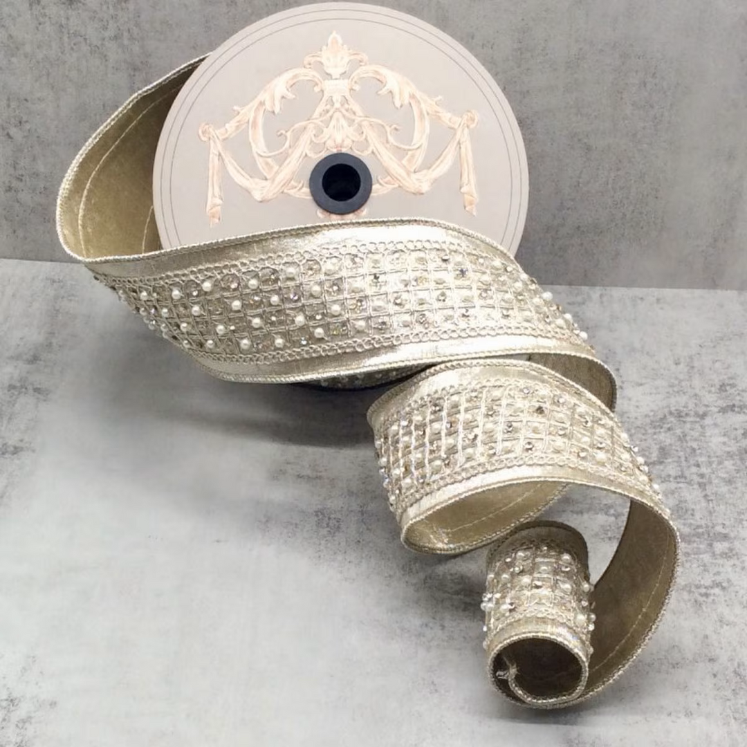 Shop d. Stevens 2.5" x 10 yard platinum dupioni wired ribbon with clear jewel and pearl center trim. Perfect for wreaths, bows, Christmas décor, florals and luxury DIY projects.