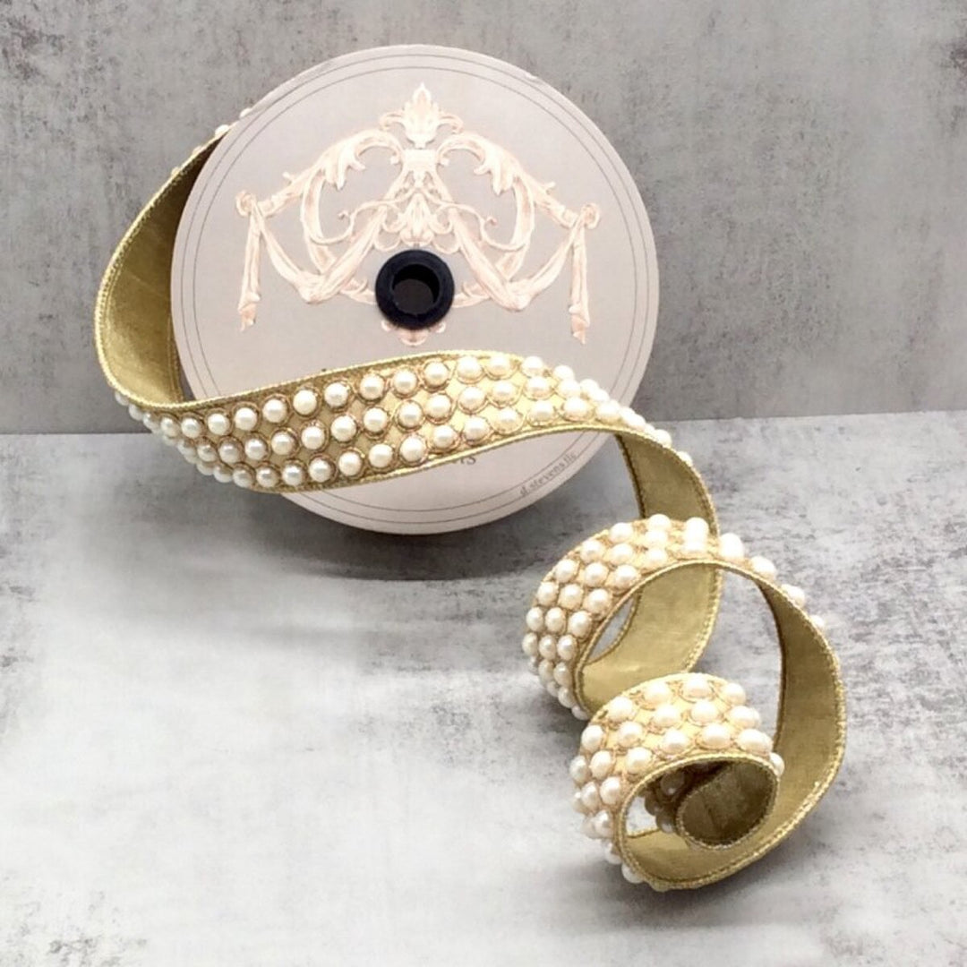 D. Stevens gold metallic dupioni wired ribbon with pearl embellishments, 1.5-inch designer ribbon for Christmas bows, Fall wreaths, Valentine's Day décor, floral arrangements, gift wrapping, and elegant home decorating.