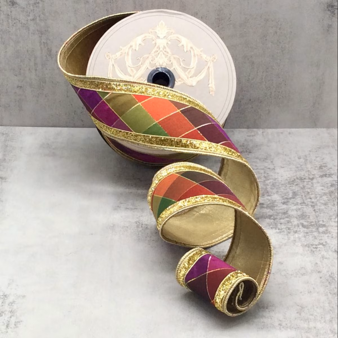 d. stevens 2.5 inch Stain Glass Check wired ribbon in fuchsia pink, green, purple, orange and gold with metallic gold borders and gold backing.