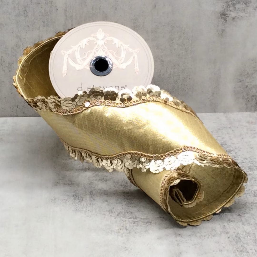 d. Stevens 4 inch gold metallic dupioni wired ribbon with gold sequin side wave trim on a 5 yard roll for luxury wreaths, oversized bows, Christmas decorating and elegant home décor.