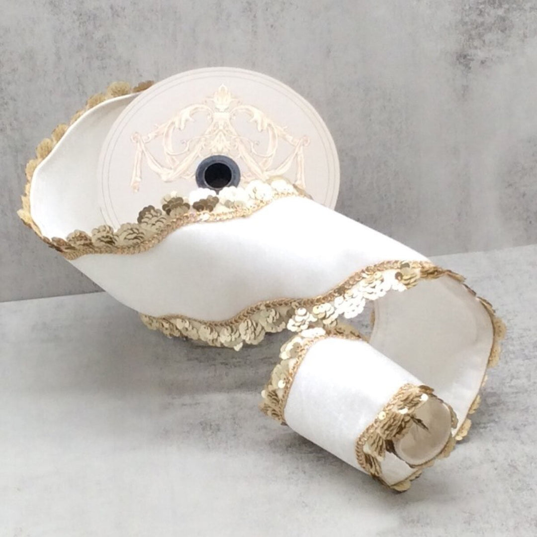 D. Stevens white velvet wired ribbon with gold wavy sequin side trim, 4-inch designer ribbon for luxury Christmas bows, wreaths, tree toppers, garlands, floral arrangements, holiday decorating, and elegant gift wrapping.