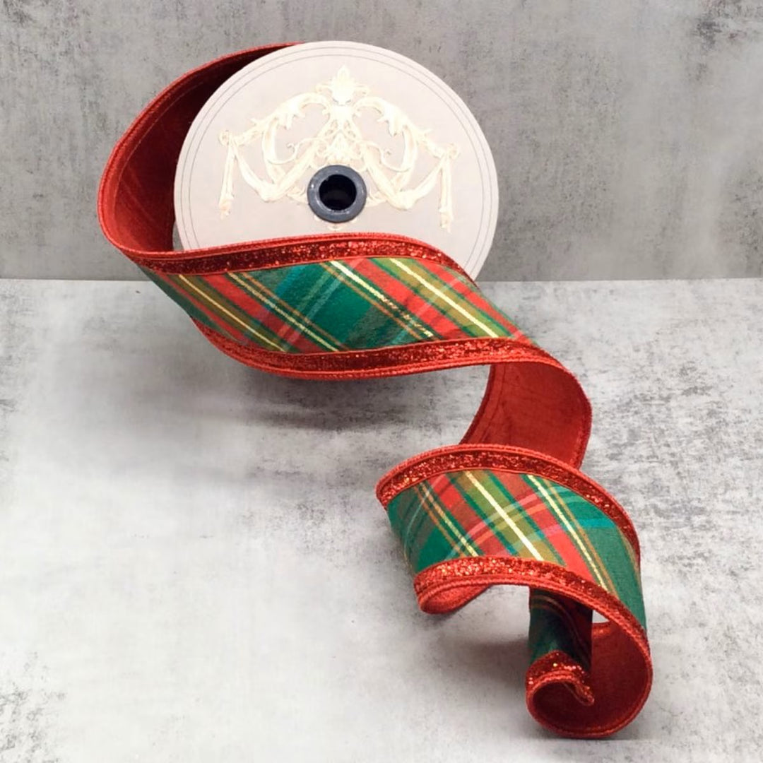 D. Stevens diagonal red, green, and gold dupioni plaid wired ribbon with red sparkle edge, designer ribbon for Christmas bows, wreaths, garlands, holiday decorating, floral arrangements, Christmas trees, and festive gift wrapping.