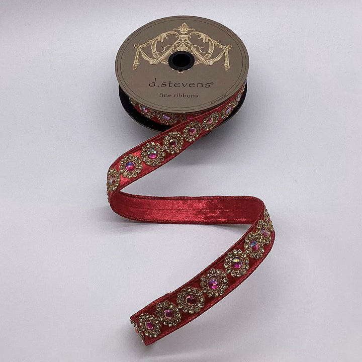 d. stevens 1" x 5 yd Gold and Hot Pink Metallic Dupion with Jewel Floral Wired Ribbon