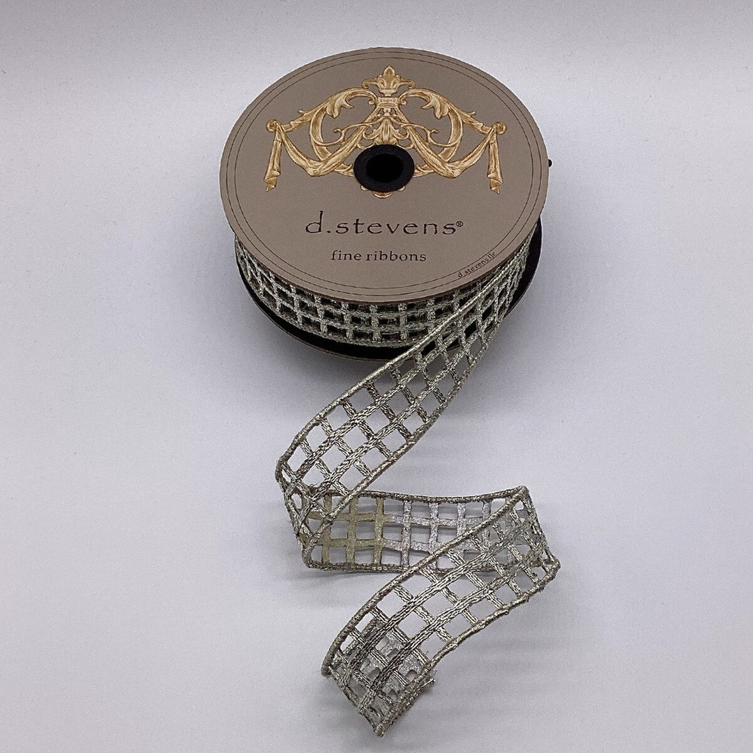 d. Stevens platinum gold metallic window pane wired ribbon, 1.5-inch designer ribbon for layered bows, wreaths, Christmas decorating, Fall décor, floral arrangements, garlands, gift wrapping, and elegant home décor.