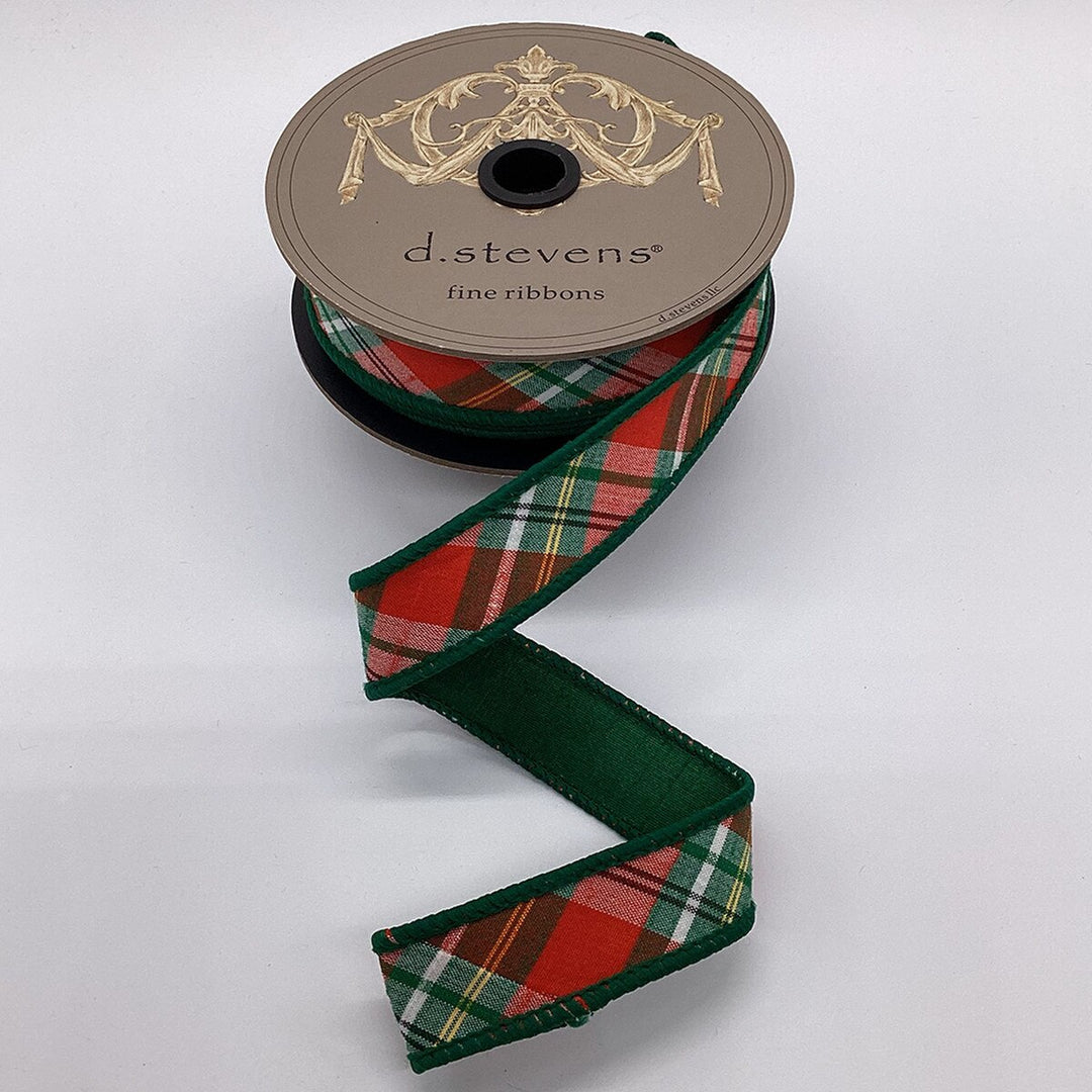 D. Stevens red, green, white, and black bias-cut plaid wired ribbon with green backing, 1-inch designer ribbon for Christmas bows, wreaths, garlands, holiday decorating, floral arrangements, and festive gift wrapping.