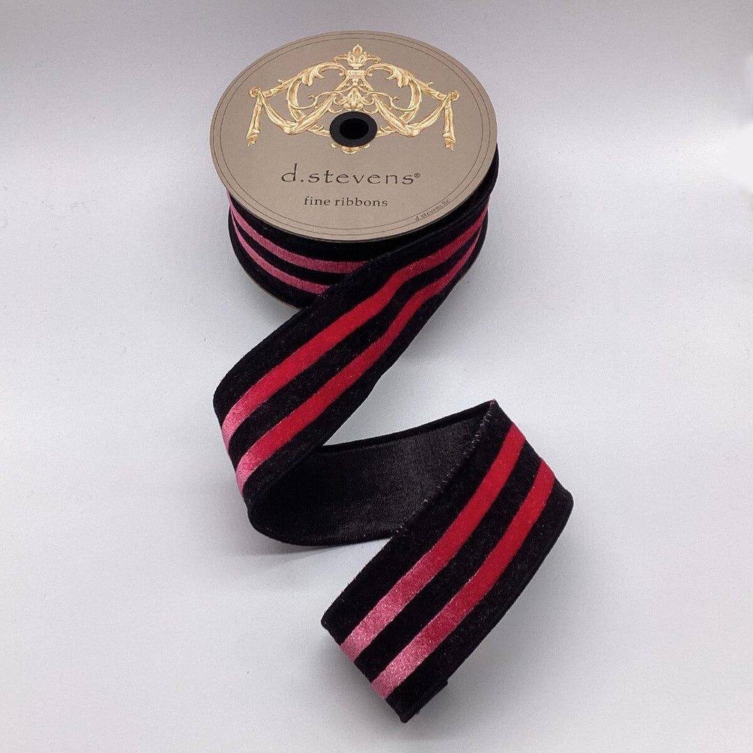 D. Stevens pink and black velvet stripe wired ribbon, 2.5-inch designer ribbon for Christmas bows, wreaths, glamorous holiday decorating, Valentine's Day décor, floral arrangements, gift wrapping, and luxury home décor.