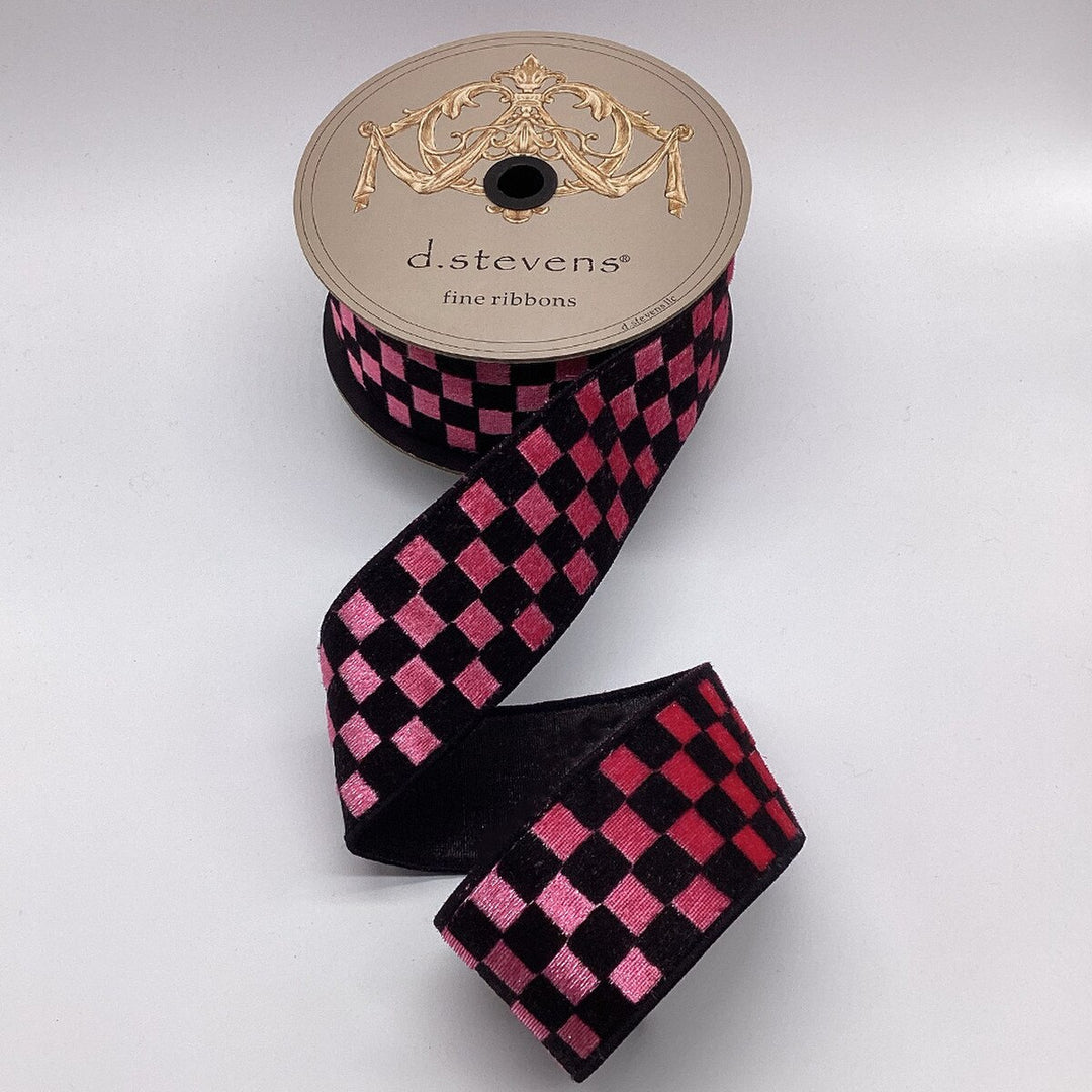 D. Stevens pink and black velvet check wired ribbon, 2.5-inch designer ribbon for Christmas bows, wreaths, holiday decorating, Valentine's Day décor, floral arrangements, gift wrapping, and luxury home décor.