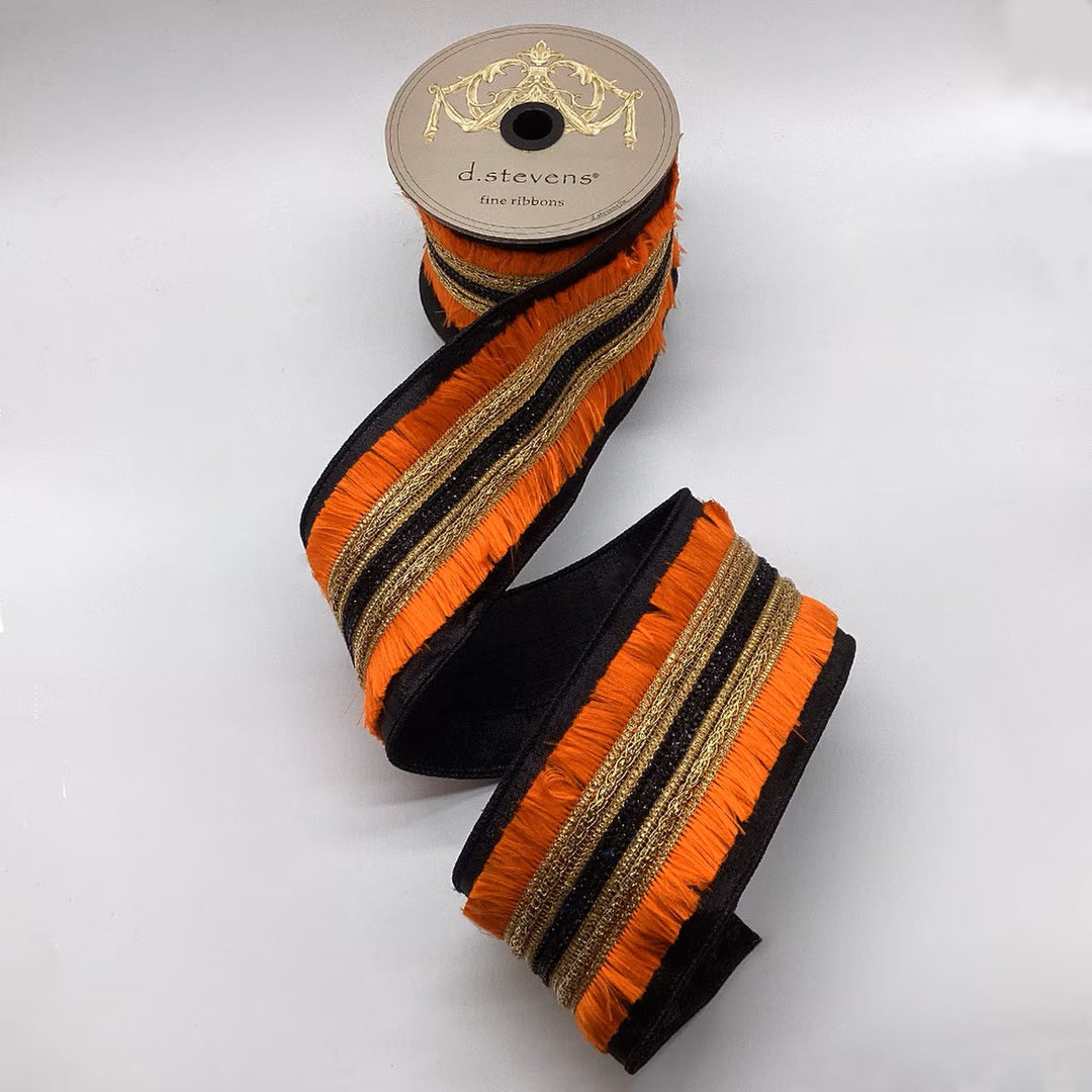 D. Stevens black metallic dupioni wired ribbon with orange and gold fringe center trim, 3.5-inch designer ribbon for Fall wreaths, Halloween decorating, Thanksgiving bows, floral arrangements, harvest displays, and luxury seasonal décor.