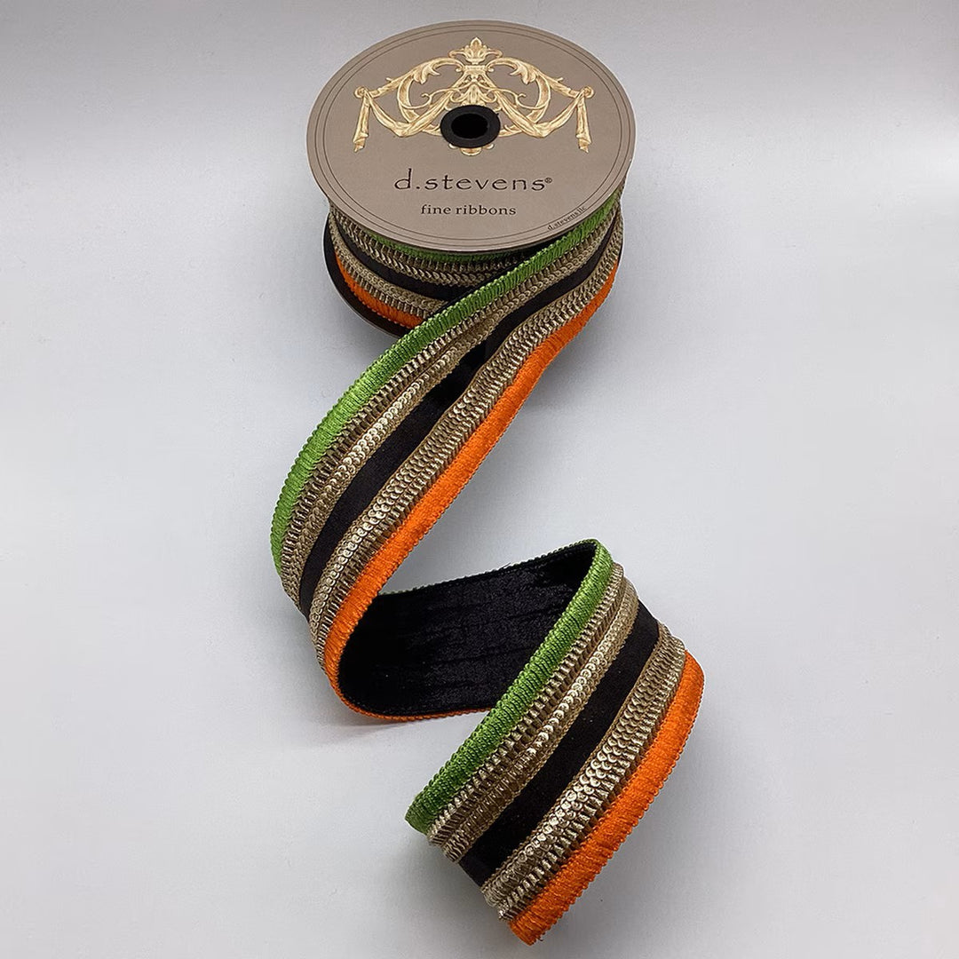 D. Stevens orange, lime green, and black metallic dupioni wired ribbon with gold sequin trim, 2.5-inch designer ribbon for Halloween bows, Fall wreaths, harvest decorating, floral arrangements, garlands, and seasonal home décor.