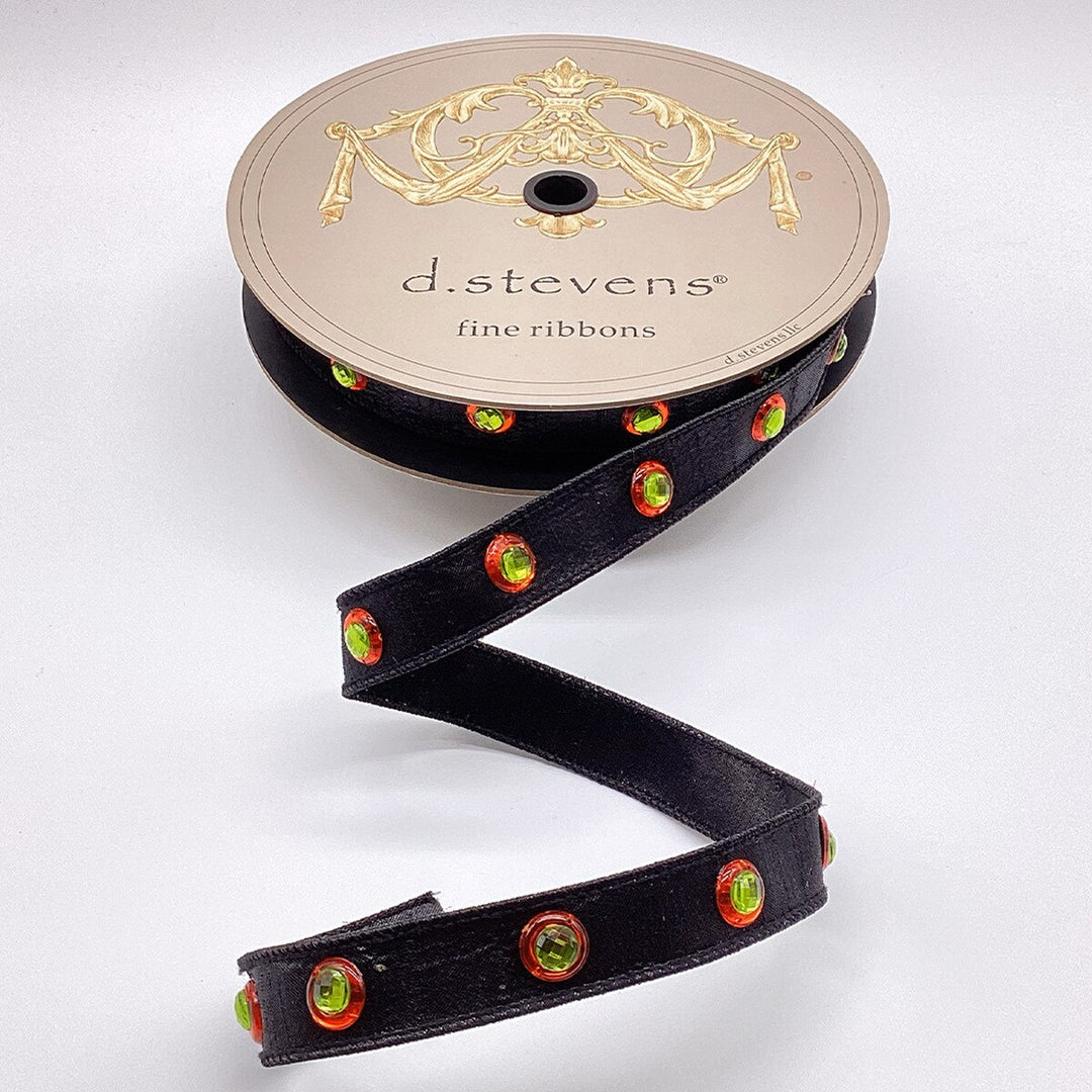 D. Stevens black metallic dupioni wired ribbon with orange and lime green jeweled center trim, 1-inch designer ribbon for Halloween bows, Fall wreaths, harvest decorating, floral arrangements, garlands, and seasonal home décor.