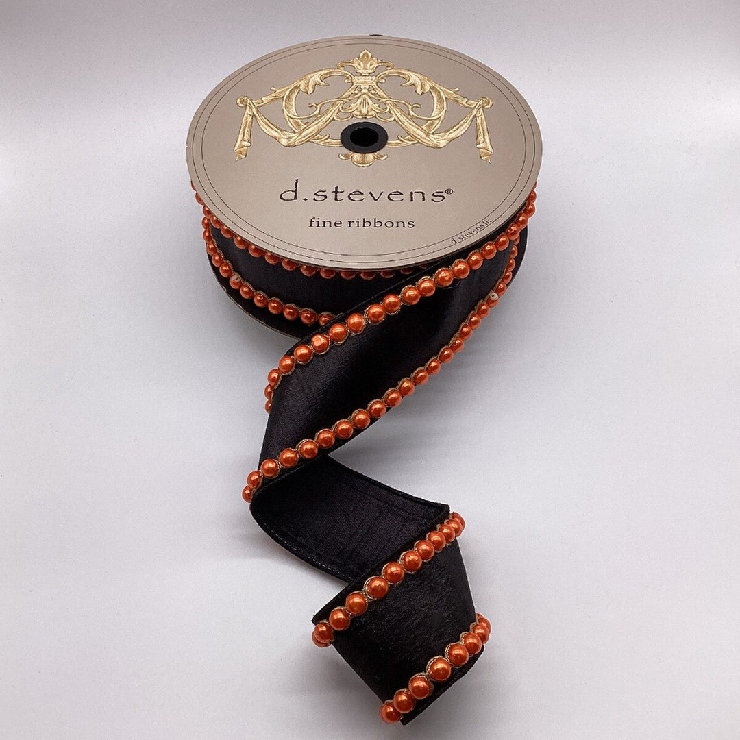 D. Stevens black metallic dupioni wired ribbon with orange pearl trim, 2.5-inch designer ribbon for Halloween bows, Fall wreaths, Thanksgiving decorating, harvest displays, floral arrangements, garlands, and luxury seasonal home décor.