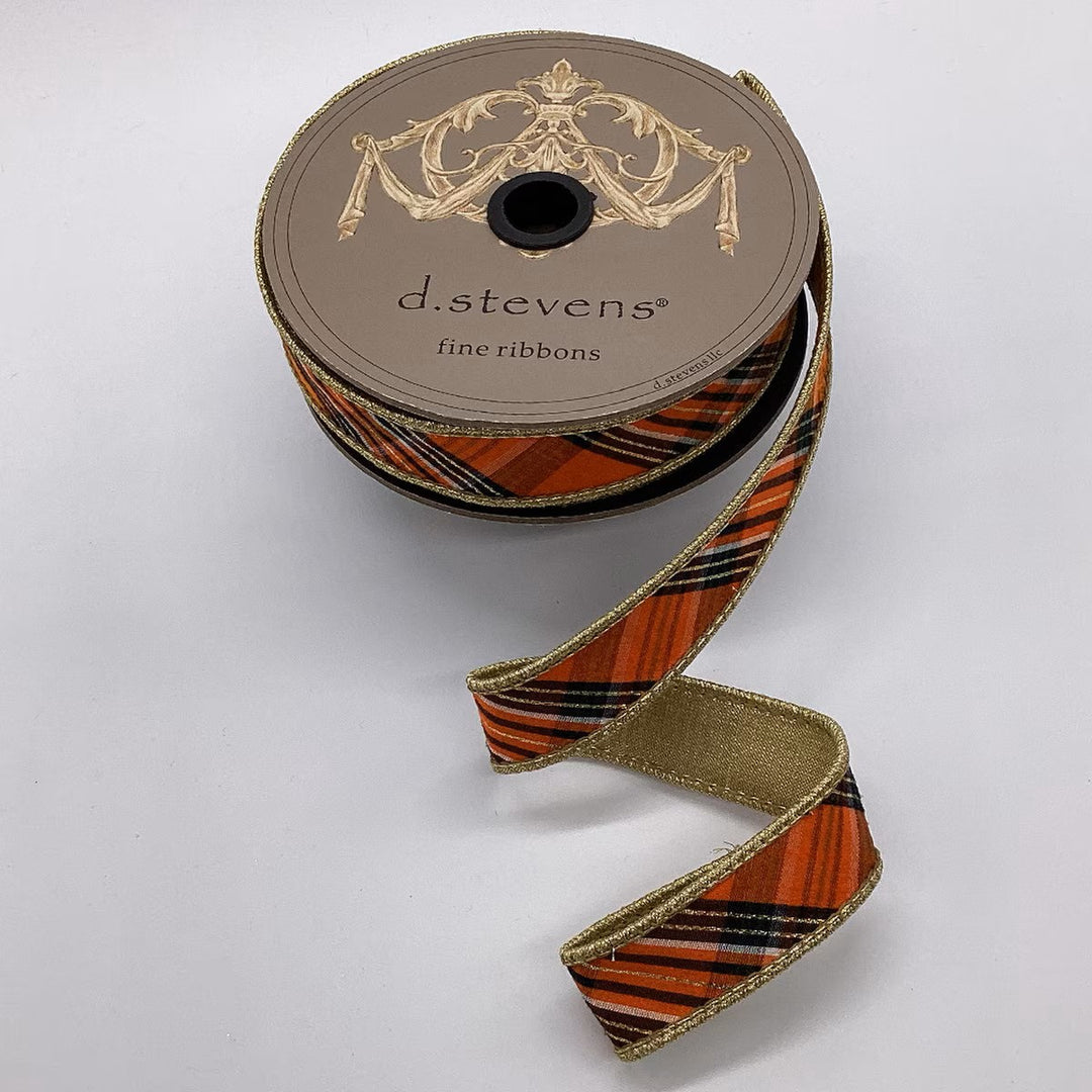 D. Stevens bias cut Salem plaid wired ribbon in orange, black, white, and gold, 1-inch designer ribbon for Halloween bows, Fall wreaths, harvest decorating, floral arrangements, garlands, and seasonal gift wrapping.