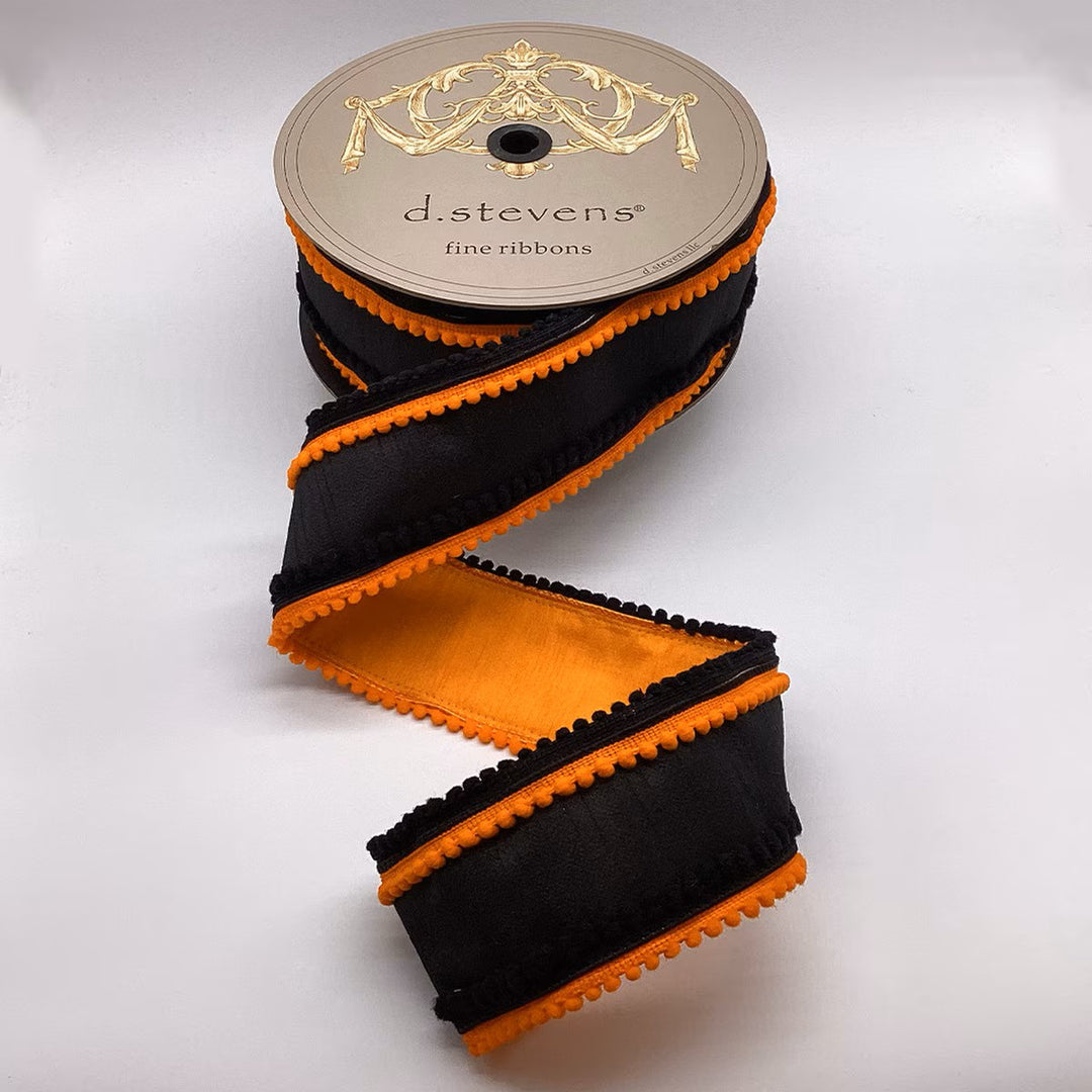 D. Stevens black dupioni wired ribbon with orange backing and orange and black pom pom trim, 3-inch designer ribbon for Halloween bows, Fall wreaths, harvest decorating, floral arrangements, garlands, porch décor, and seasonal home displays.