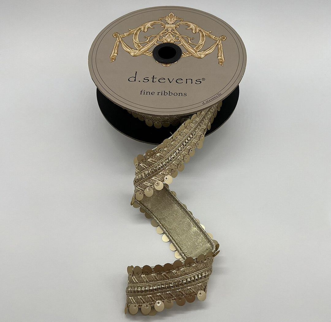 D. Stevens light gold velvet wired ribbon with sequin Ashbourne trim, 1.5-inch designer ribbon for Christmas bows, wreaths, wedding décor, floral arrangements, gift wrapping, and luxury home decorating.