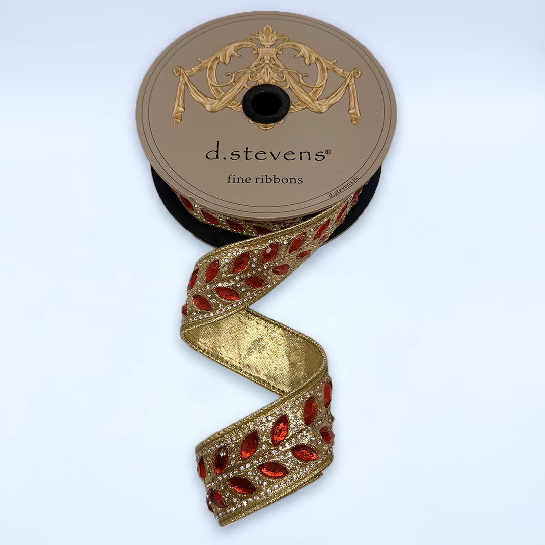 D. Stevens gold wired ribbon with red marquise jewels and round clear crystal accents, 1.75-inch designer ribbon for Christmas bows, wreaths, Valentine's Day décor, weddings, floral arrangements, and luxury gift wrapping.