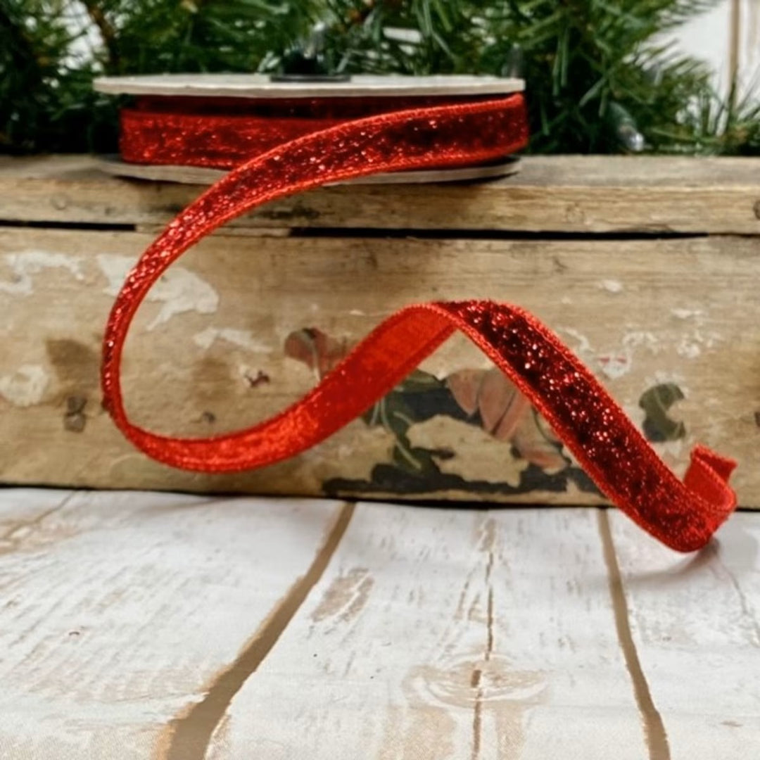 D. Stevens red metallic faux velvet wired ribbon with red lamé backing, 0.5-inch designer ribbon for layered bows, Christmas wreaths, holiday decorating, floral arrangements, gift wrapping, and festive home décor.