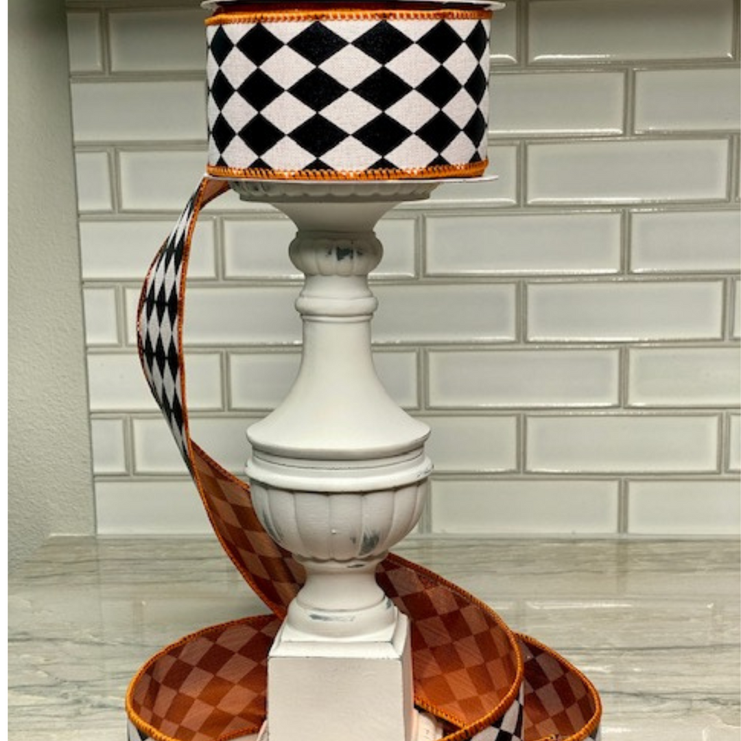 DC Exclusive - Farrisilk 2.5" x 10 YD Foil Jester Diamonds in Black and White with Orange Back and Edge Wired Ribbon